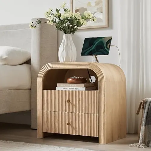 Fluted Nightstand Set of 2 with Charging, 24" in Natural Oak