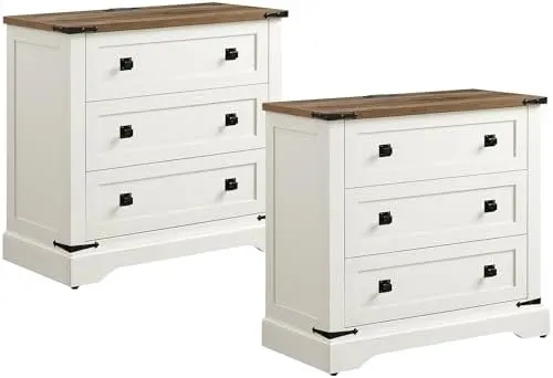 Farmhouse Nightstand with 3 Drawers, 32" in Antique White