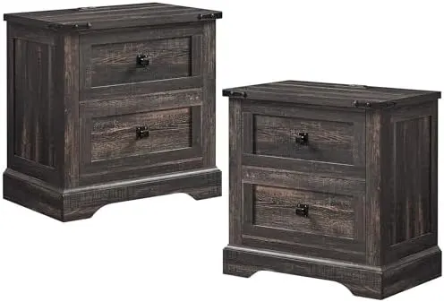 Farmhouse Nightstand with Charging Station in Dark Rustic Oak
