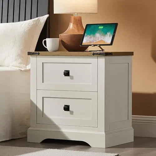 Farmhouse Nightstand with Charging Station in Antique White