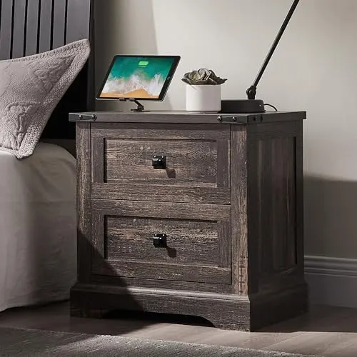 Farmhouse Nightstand with Charging Station in Dark Rustic Oak