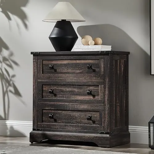 Farmhouse Nightstand with 3 Drawers, 32" in Dark Rustic Oak