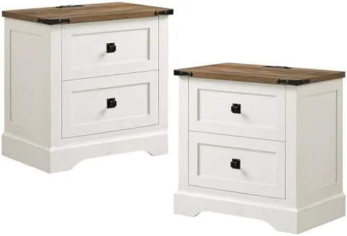 Farmhouse Nightstand with Charging Station in Antique White