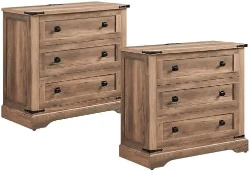 Farmhouse Nightstand with 3 Drawers, 32" in Rustic Oak