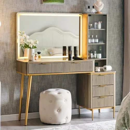 Fluted Vanity Desk with Glass Top & Organizer in Brown Alder