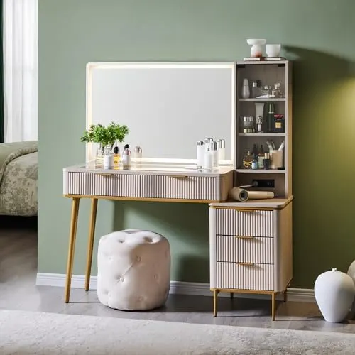 Fluted Vanity Desk with Glass Top & Organizer in Alder White