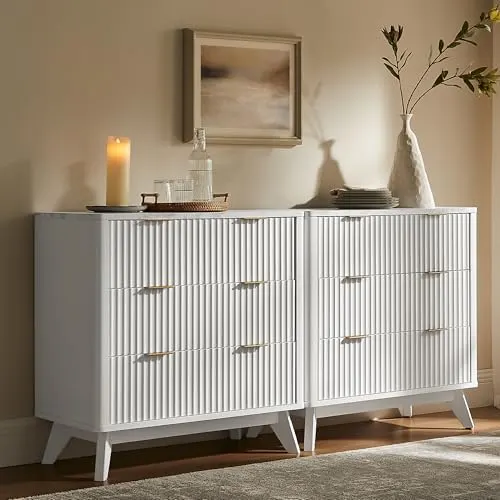 Fluted Sideboard Set with Marble-Look Top, 32" in Solid White