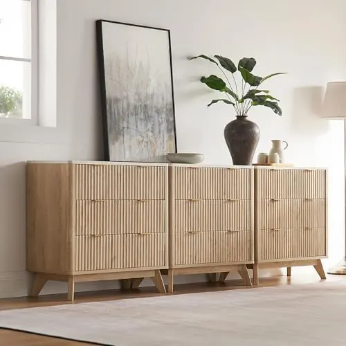 Fluted Sideboard Set with Marble-Look Top, 32" in Natural Oak