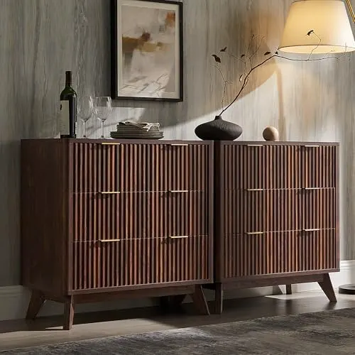 Fluted Sideboard Set with Marble-Look Top, 32" in Dark Walnut