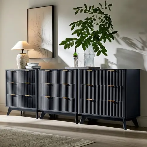 Fluted Sideboard Set with Marble-Look Top, 32" in Dark Grey