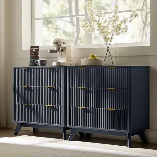Fluted Sideboard Set with Marble-Look Top, 32" in Dark Grey