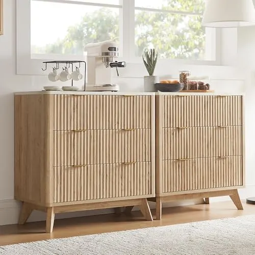 Fluted Sideboard Set with Marble-Look Top, 32" in Natural Oak