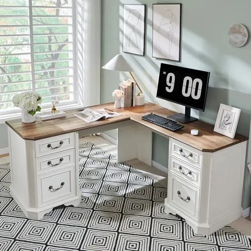 Farmhouse L-Shaped Desk (Antique White) in Antique White