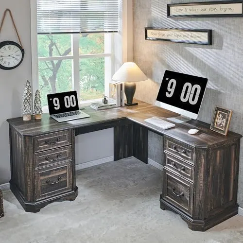 Farmhouse L-Shaped Desk (Dark Rustic Oak) in Dark Rustic Oak