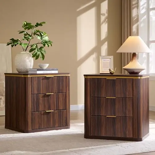 Large Fluted Nightstand Set of 2, 24" in Dark Walnut