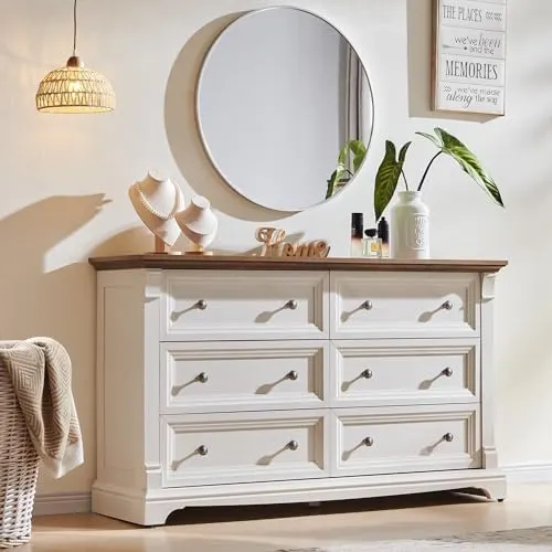 Farmhouse 6-Drawer Wide Dresser, 54" in Antique White