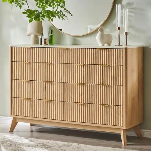 Fluted 5-Drawer Tall Dresser in Natural Oak