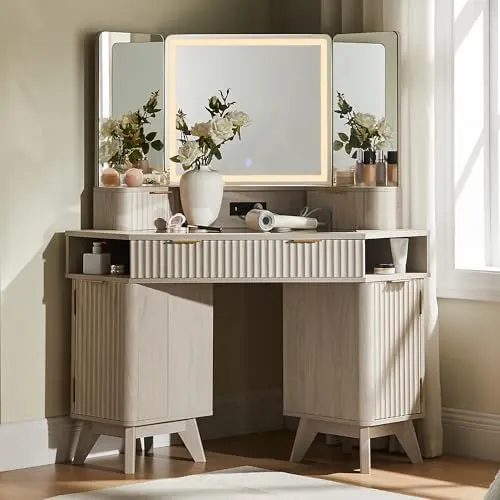 Fluted Corner Vanity with 3-Way Mirror in White Alder