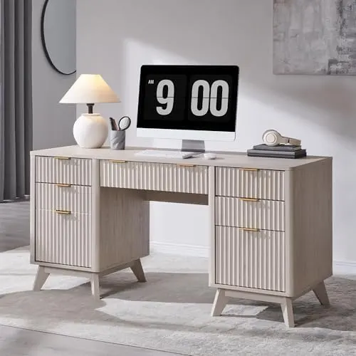 Modern Fluted Executive Desk with Keyboard Tray, 60" in Alder White