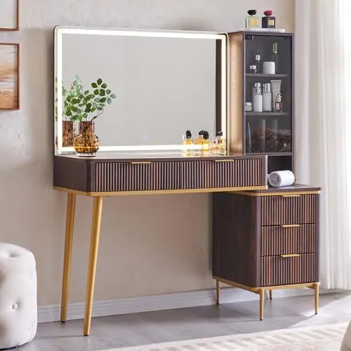 Fluted Vanity Desk with Glass Top & Organizer in Dark Walnut