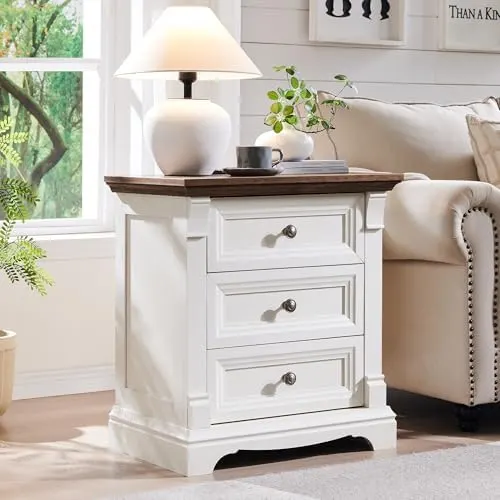 Farmhouse Nightstand Set of 2 with Roman Columns in Antique White