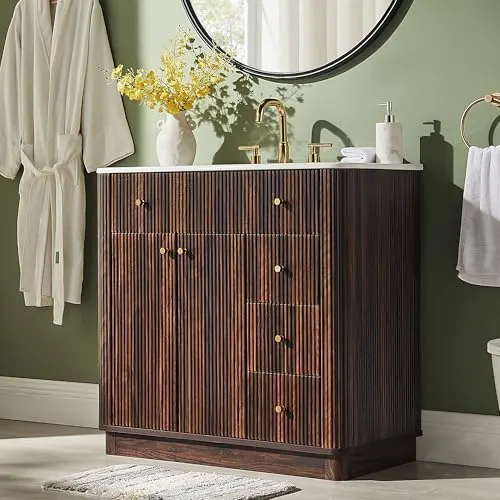 Fluted Bathroom Vanity, Single or Double Sink in Dark Walnut