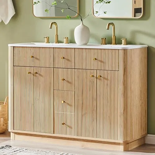 Fluted Bathroom Vanity, Single or Double Sink in Natural Oak