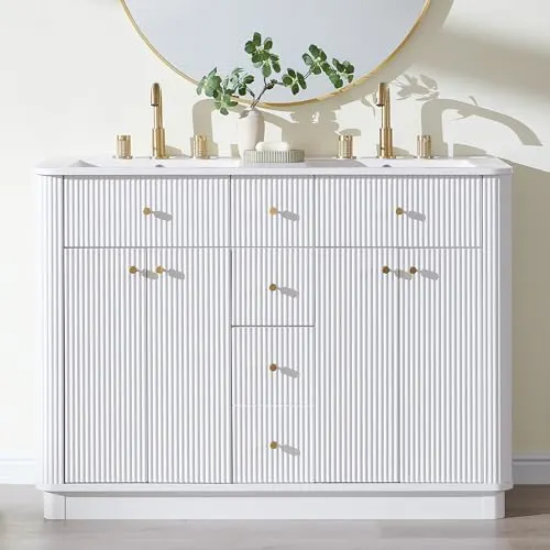 Fluted Bathroom Vanity, Single or Double Sink in Solid White