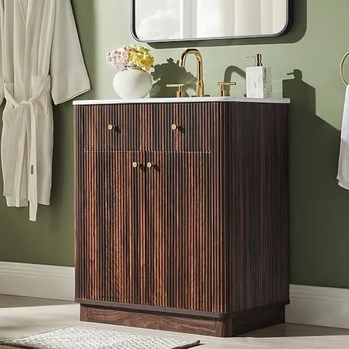 Fluted Bathroom Vanity, Single or Double Sink in Dark Walnut