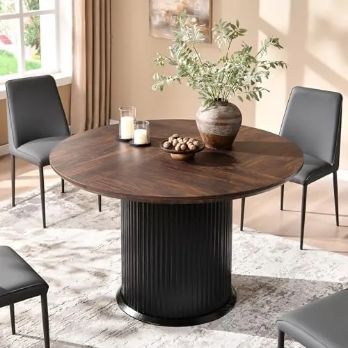 Round Dining Table with Cylinder Base, 47" in Walnut & Black