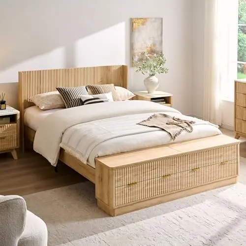 Fluted Wingback Bed with Storage Bench in Natural Oak