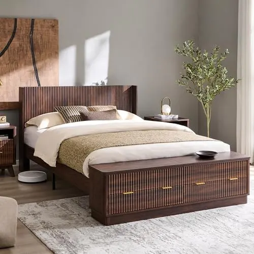 Fluted Wingback Bed with Storage Bench in Dark Walnut
