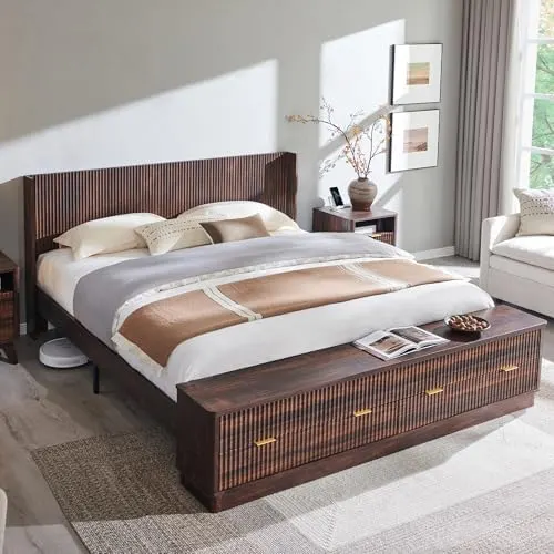 Fluted Wingback Bed with Storage Bench in Dark Walnut