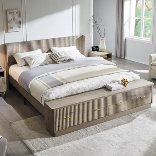 Fluted Wingback Bed with Storage Bench in Grey Alder