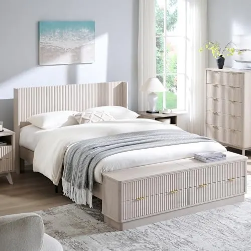 Fluted Wingback Bed with Storage Bench in White Alder