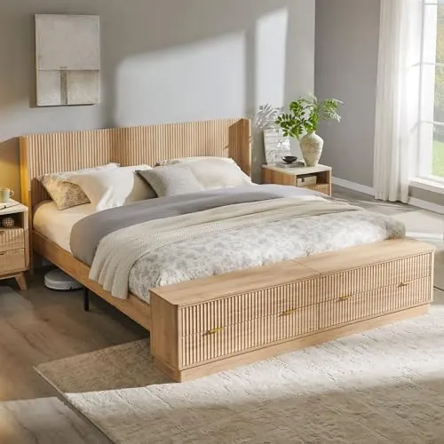 Fluted Wingback Bed with Storage Bench in Natural Oak