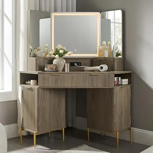 Corner Vanity with Lighted Triple Mirror in Grey Alder