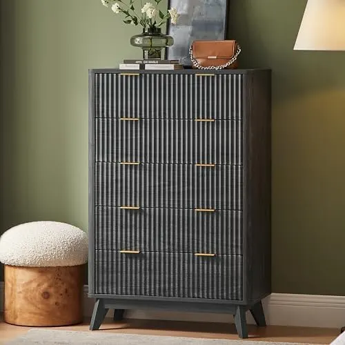 Fluted 5-Drawer Tall Dresser in Dark Alder