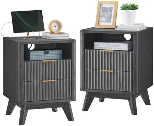 Fluted Nightstand Set of 2, 18" in Dark Alder