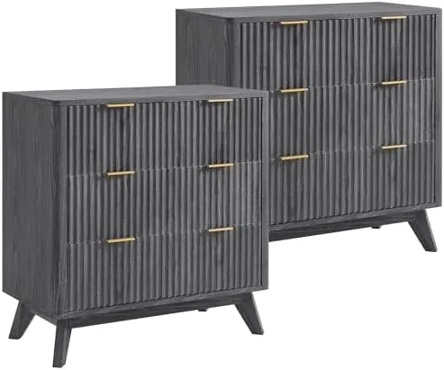 Large Fluted Nightstand Set of 2, 32" in Dark Alder