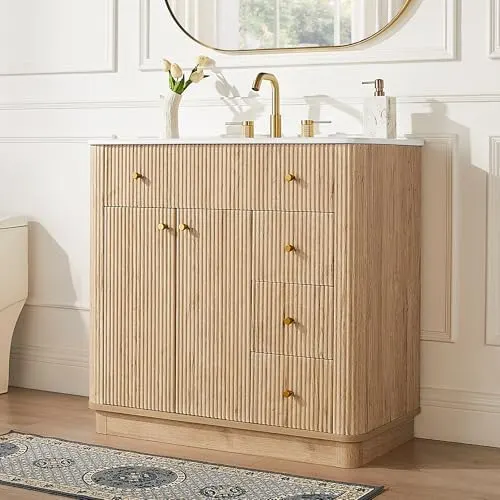 Fluted Bathroom Vanity, Single or Double Sink in Natural Oak