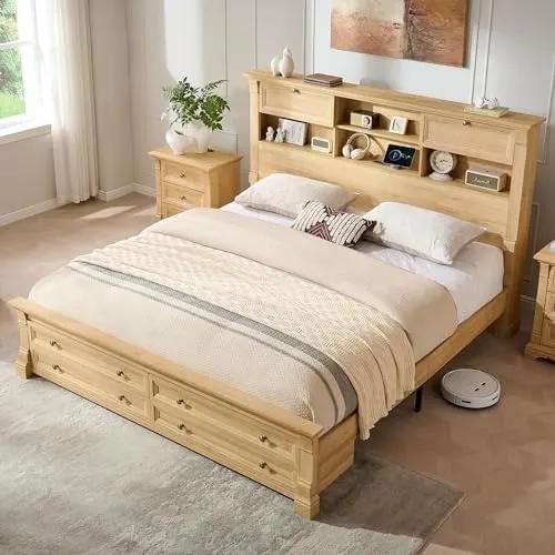 Farmhouse Bed with Bookcase Headboard in Oak