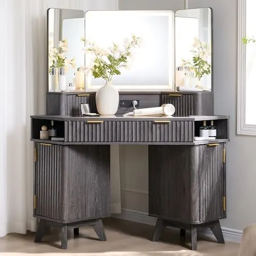Fluted Corner Vanity with 3-Way Mirror in Dark Alder