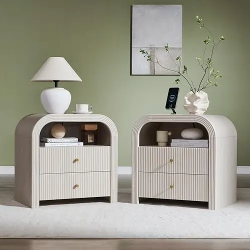 Fluted Nightstand Set of 2 with Charging, 24" in Alder White
