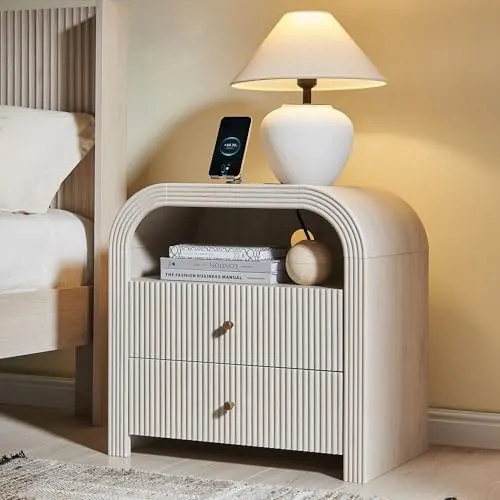 Fluted Nightstand Set of 2 with Charging, 24" in Alder White