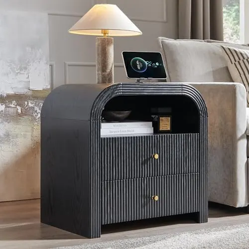 Fluted Nightstand Set of 2 with Charging, 24" in Black Oak
