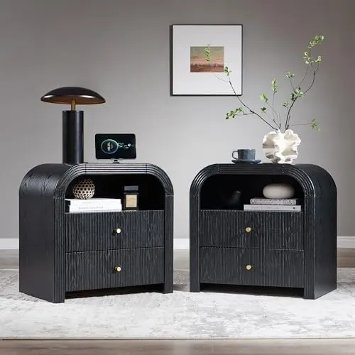 Fluted Nightstand Set of 2 with Charging, 24" in Black Oak