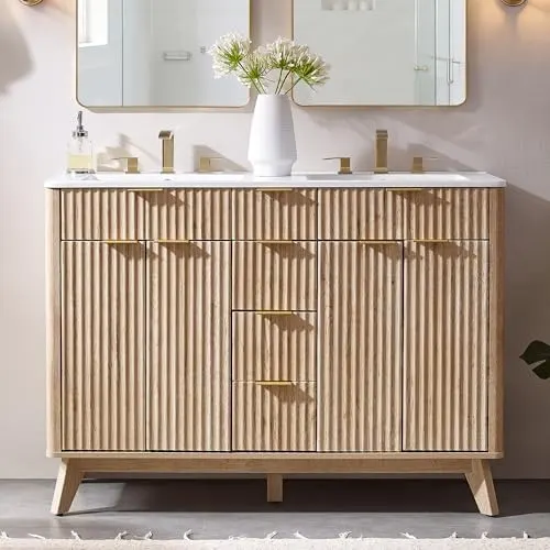 Fluted Bathroom Vanity with Ceramic Sink in Natural Oak
