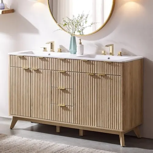 Fluted Bathroom Vanity with Ceramic Sink in Natural Oak