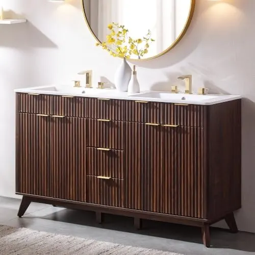 Fluted Bathroom Vanity with Ceramic Sink in Dark Walnut